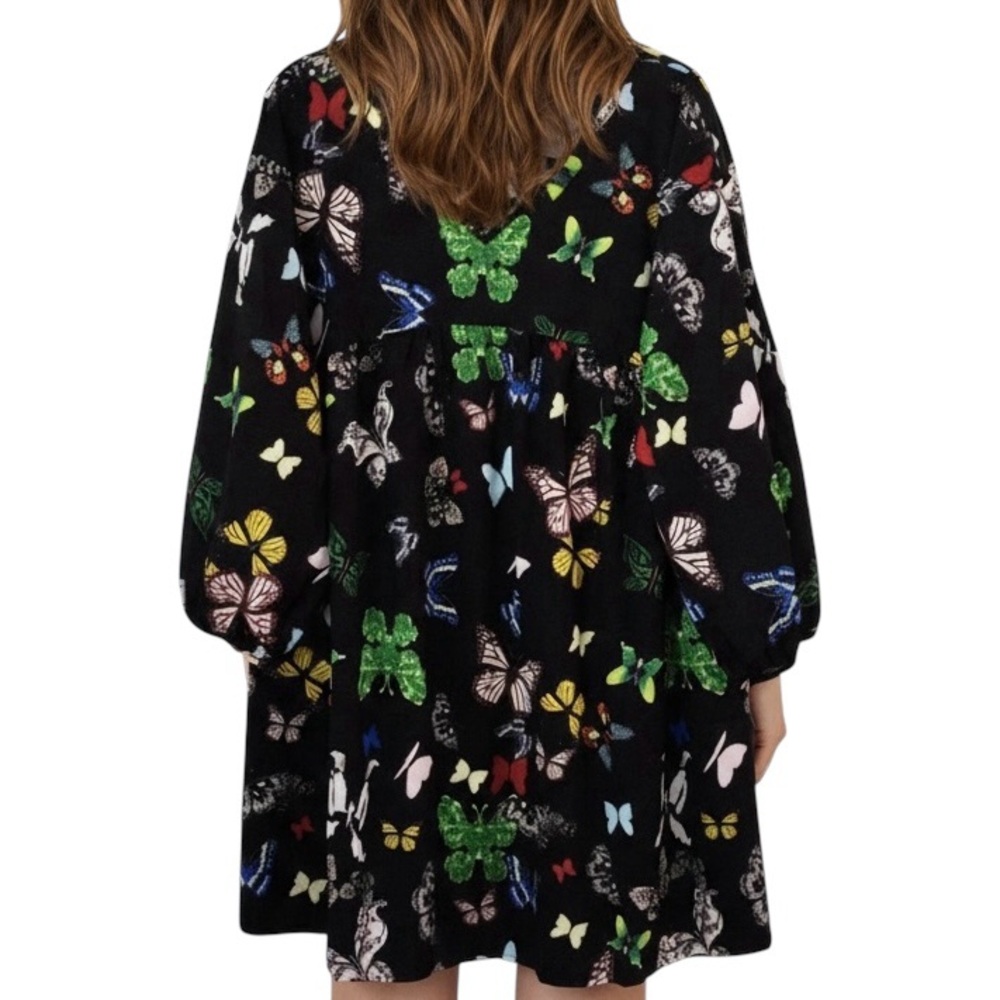 Colorful Butterfly Print Black Mini Dress – Long Sleeve V‑Neck, Size L/XL, NWOT - Picture 7 of 12